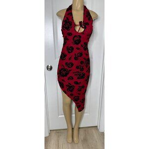 Red & Black Rose Print Halter Neck Asymmetrical Midi Dress With Tie Back Detail